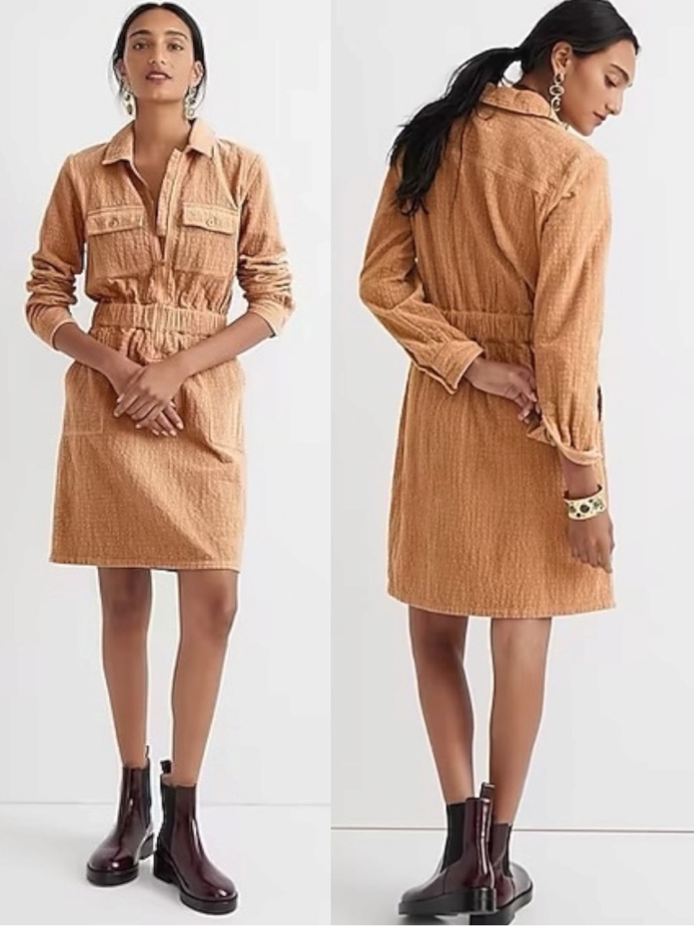 J.Crew Zip Front Cinched Shirt Dress in Corduroy Pale Mocha Size 14 Fall Preppy